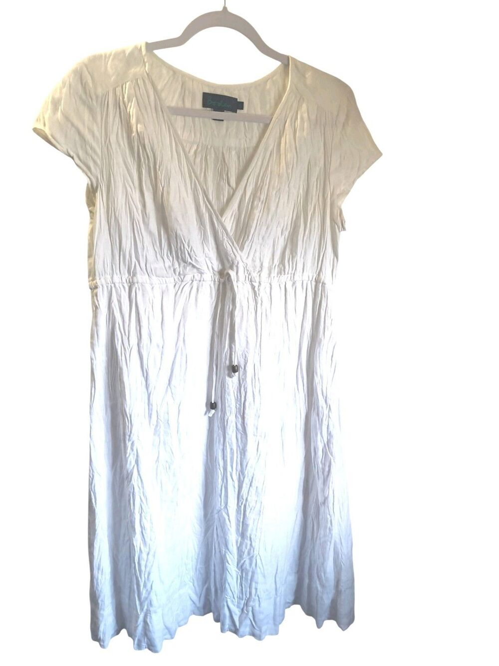 Boden V-neck 100% Linen White Midi Dress size 12 R Cottage Coastal BOHO Beachy